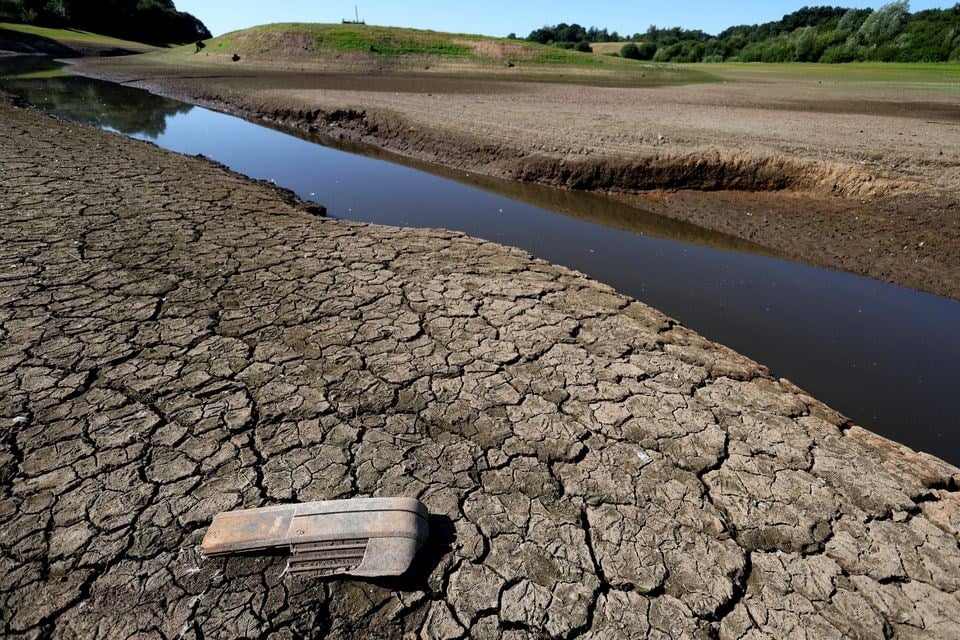 Cracks can be seen on dried up bed of Tittesworth Reservoir, in Leek, Britain, August 12, 2022. (Reuters)