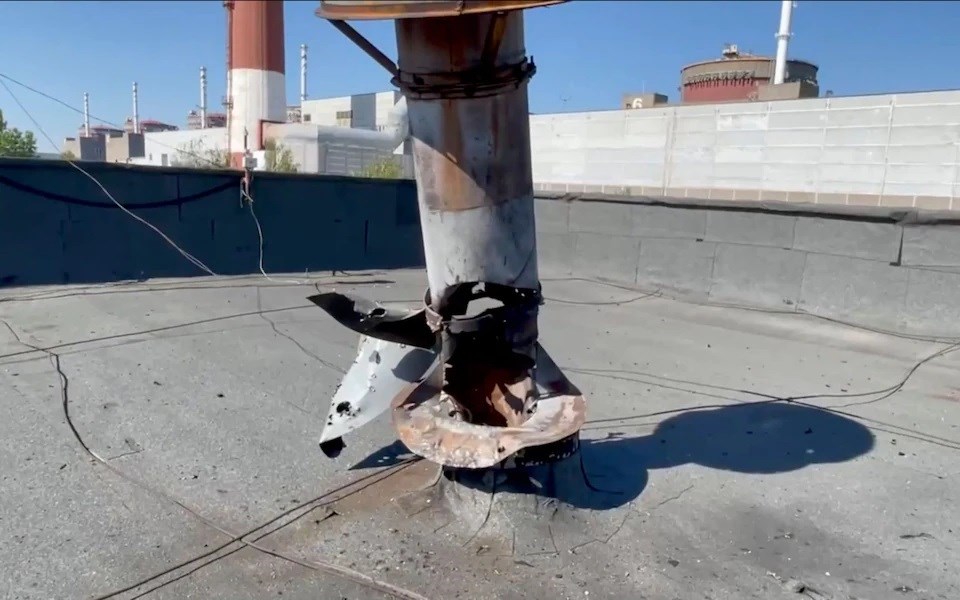 A still image taken a handout video provided by the Russian Defence Ministry's press service shows damage at the Zaporizhzhia Nuclear Power Station (ZNPP) in Enerhodar, southeastern Ukraine, 7 August 2022 ([Handout image/EPA/EFE)