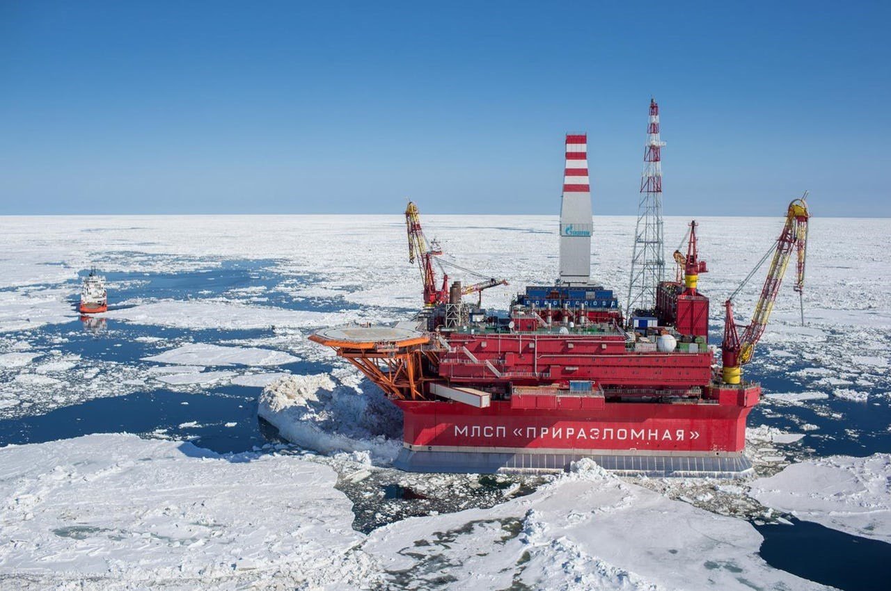 Arctic offshore oil platform “Prirazlomnaya” in the Pechora Sea, south of Novaya Zemlya, Russia. Photo: Gazprom.