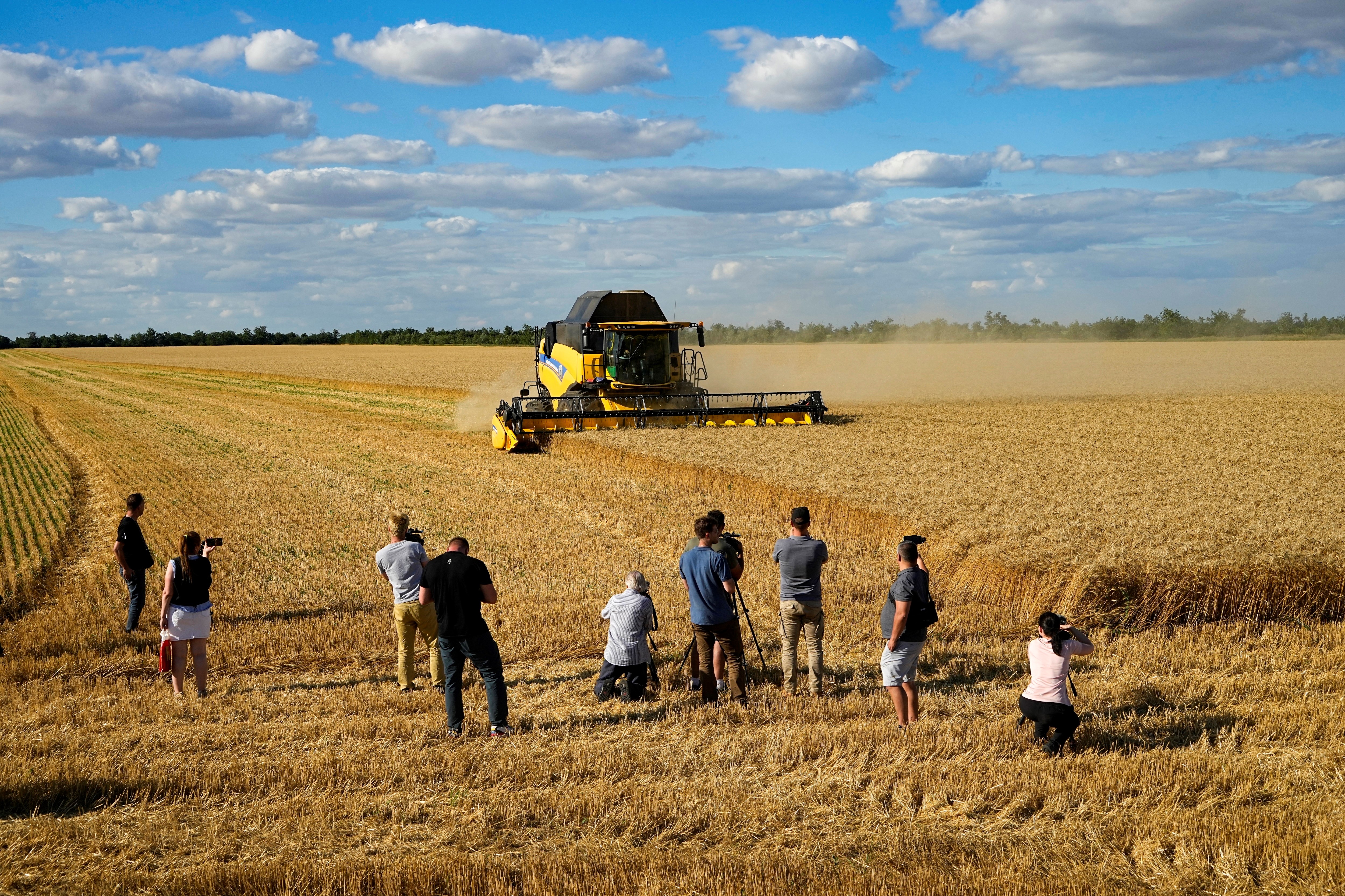 Foreign journalists watch and film as farmers of the Voznesenka-Agro farm harvest with their combine in a wheat field not far from Melitopol, Thursday, July 14, 2022  (AP Photo)