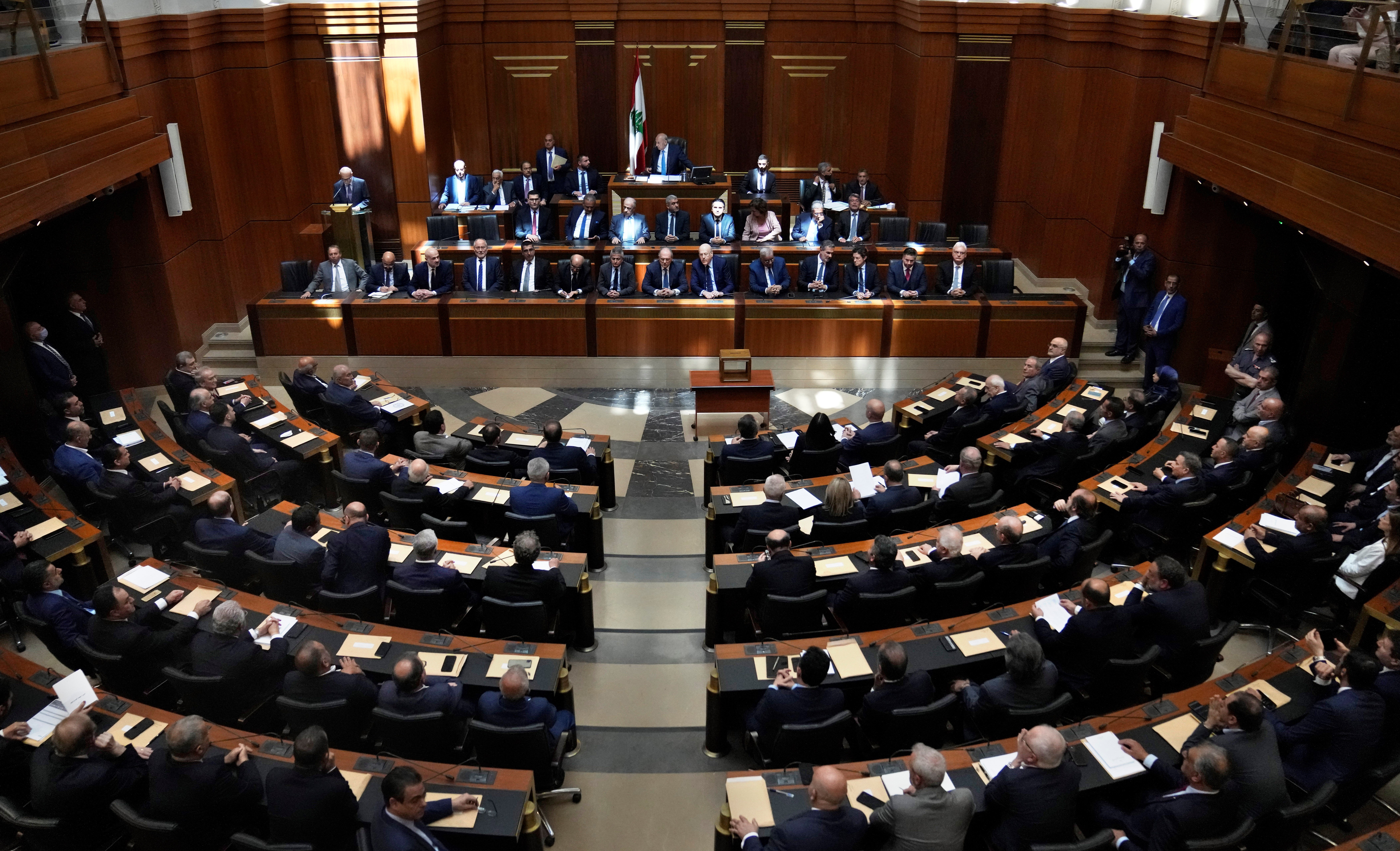 Lawmakers elect a house speaker, at the parliament building, in Beirut, Lebanon, Tuesday, May 31, 2022 (AP Photo/Hussein Malla)