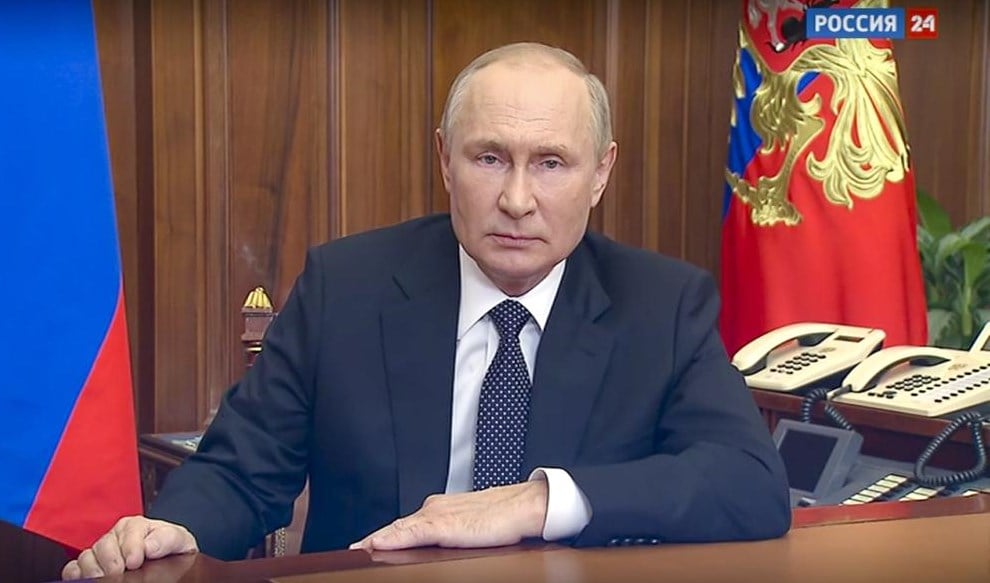 In this image made from a video released by the Russian Presidential Press Service, Russian President Vladimir Putin addresses the nation in Moscow, Russia, Wednesday, Sept. 21, 2022. (Russian Presidential Press Service via AP)