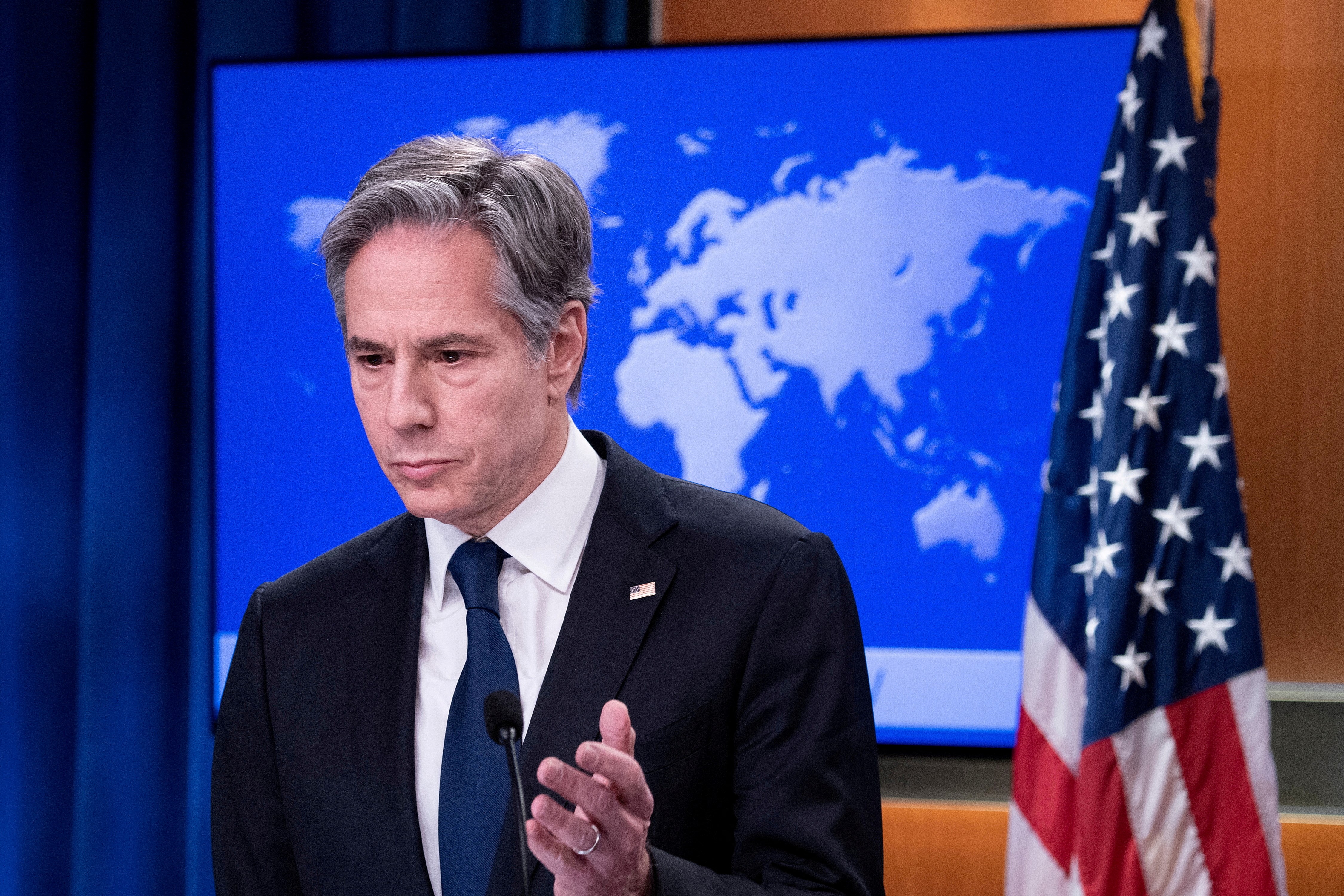 U.S. Secretary of State Antony Blinken speaks during a briefing at the State Department in Washington, U.S., January 26, 2022. Brendan Smialowski/Pool via REUTERS