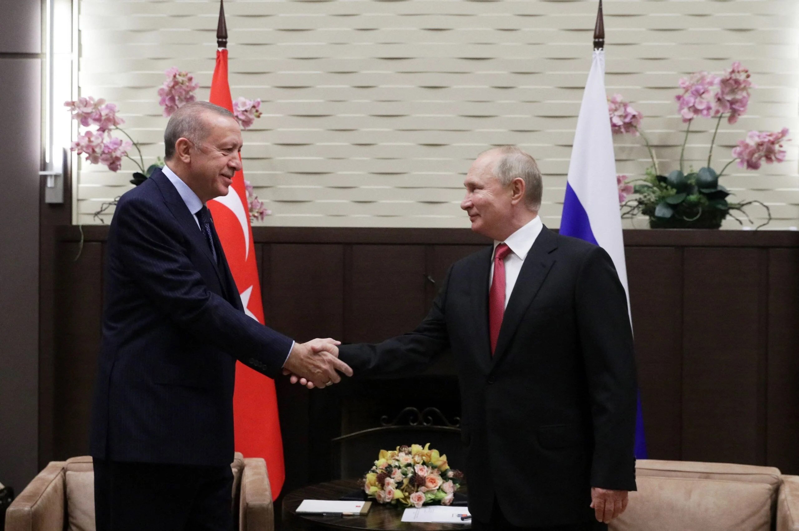 Russian President Vladimir Putin meets with his Turkish counterpart Recep Tayyip Erdogan in Sochi on September 29, 2021. (Vladimir SMIRNOV / POOL / AFP)
