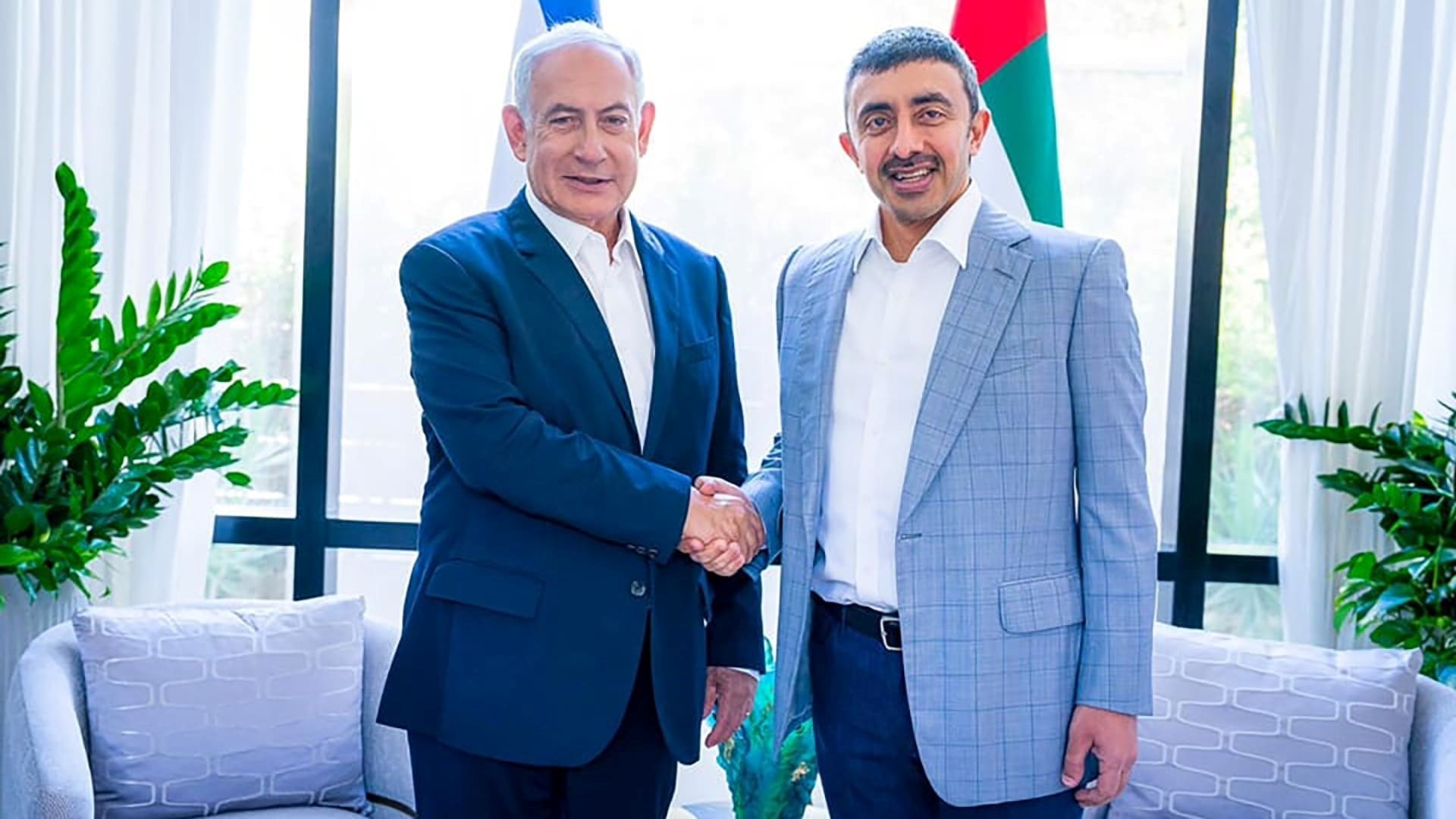 Israeli occupation PM Benjamin Netanyahu with UAE Abdullah bin Zayed Al Nahyan