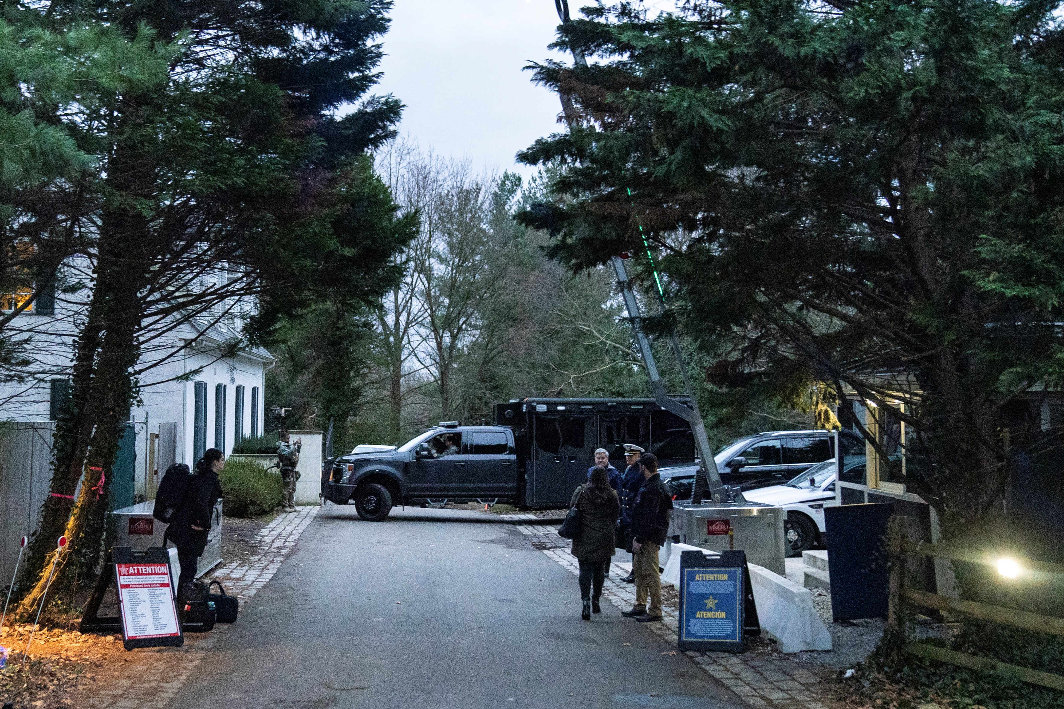 The access road to President Joe Biden's home in Wilmington, Del., is seen from the media van Friday, Jan. 13, 2023 (AP Photo/Carolyn Kaster)