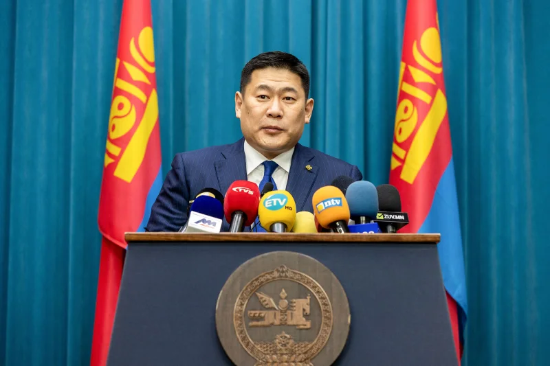 Mongolia's Prime Minister Luvsannamsrai Oyun-Erdene speaks in Ulaanbaatar, the capital of Mongolia, on Feb. 14, 2022 (AFP).