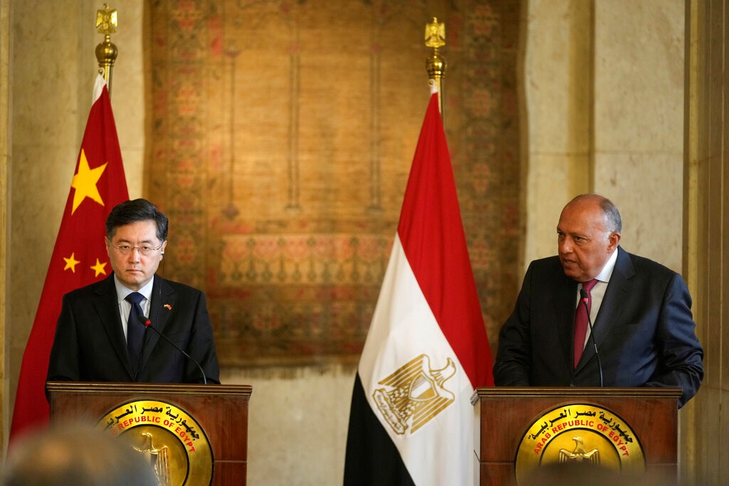 Chinese Foreign Minister Qin Gang, left, listens during a press conference with his Egyptian counterpart Sameh Shoukry, at the foreign ministry headquarters in Cairo, Egypt, Sunday, Jan. 15, 2023 (AP Photo/Amr Nabil)