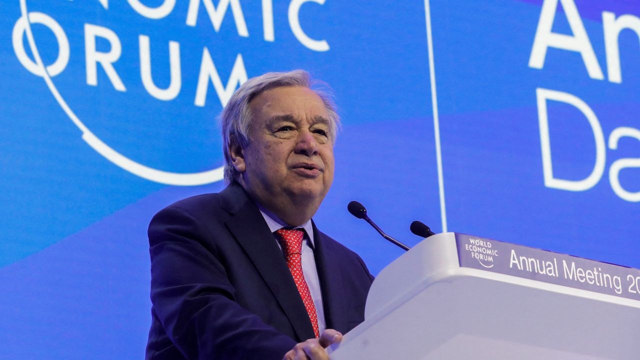 United Nations Secretary-General António Guterres addresses the World Economic Forum, in Davos, Switzerland, January 18, 2023 (Reuters).