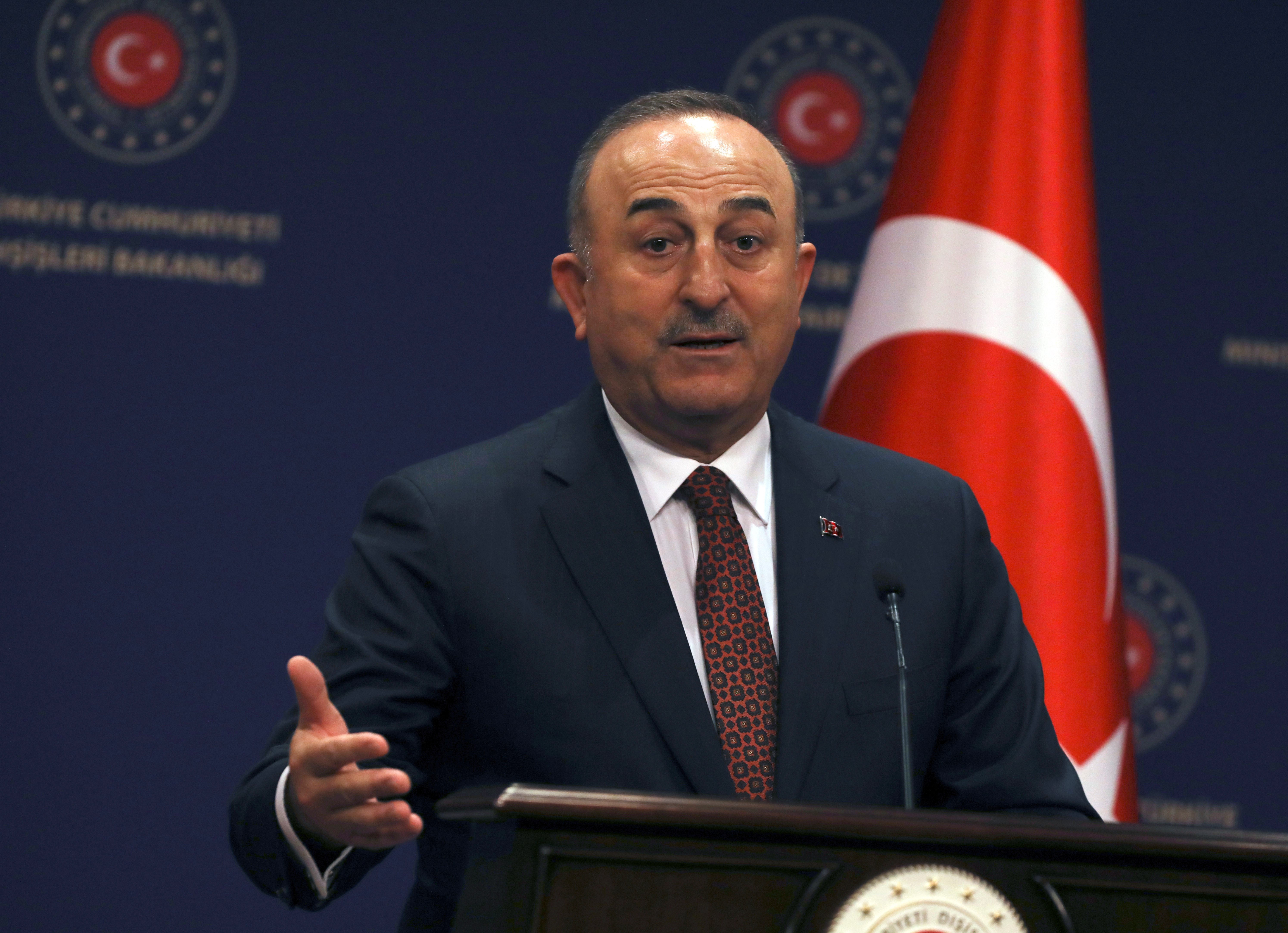 Turkish Foreign Minister Mevlut Cavusoglu speaks at a press conference in Ankara, Turkey, Thursday, Jan. 26, 2023 (AP Photo/Burhan Ozbilici)
