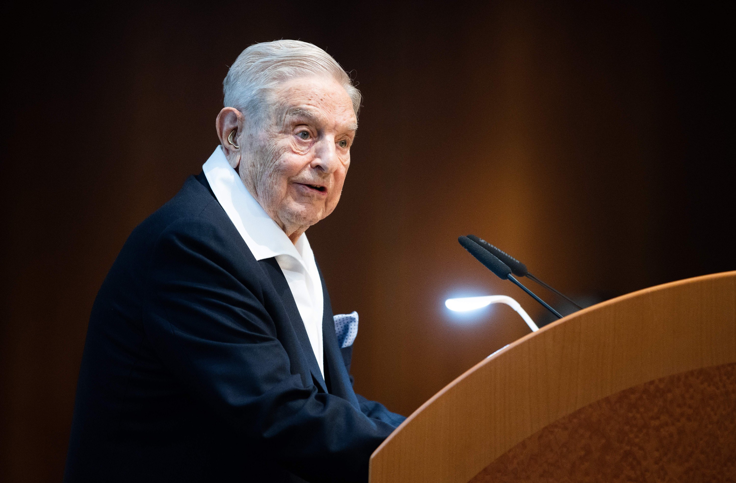 George Soros giving a speech to an audience following his receipt of the Schumpeter Award 2019 in Vienna (AFP)