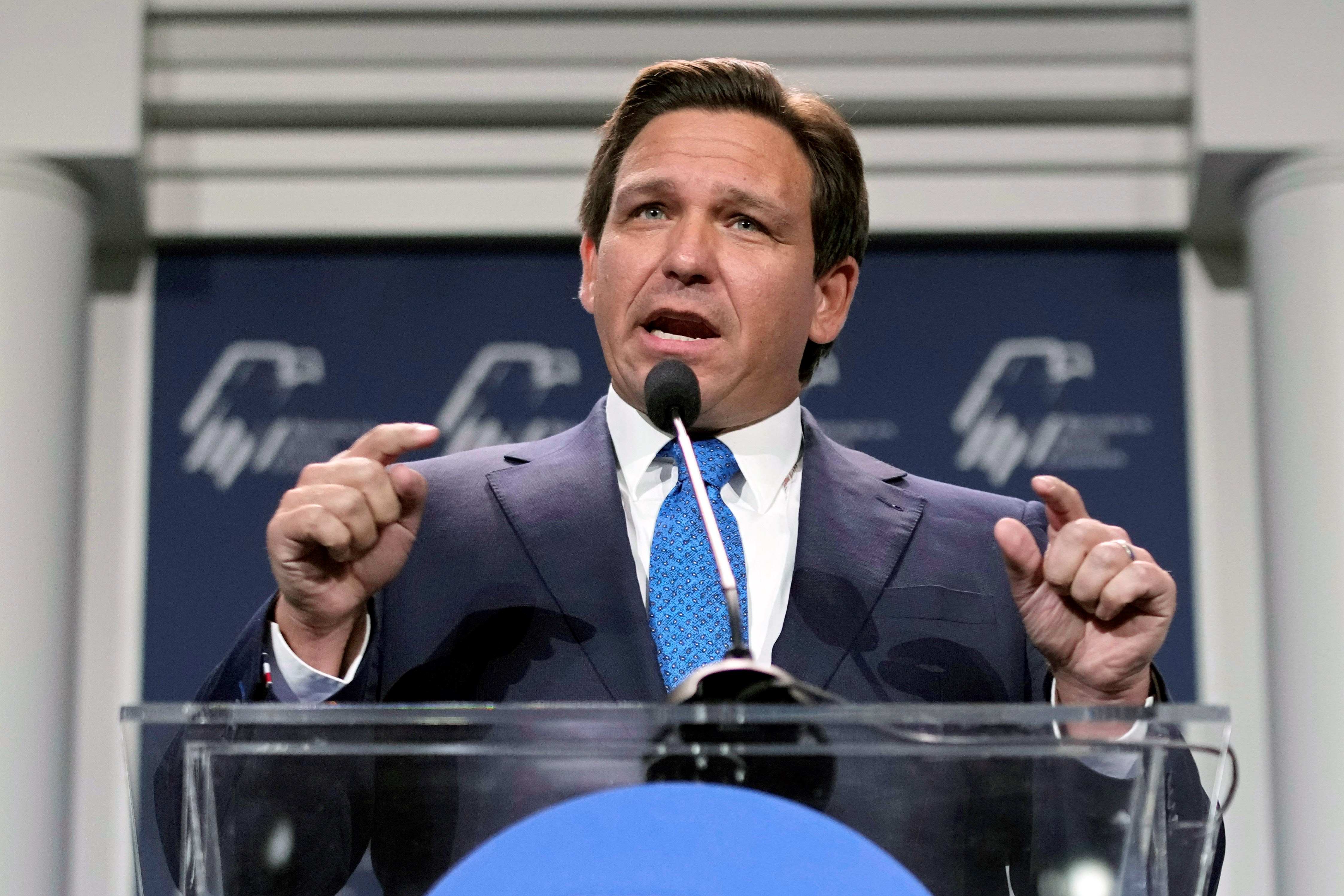 Florida Gov. Ron DeSantis speaks at an annual leadership meeting of the Republican Jewish Coalition on Nov. 19, 2022, in Las Vegas (AP Photo/John Locher, File)