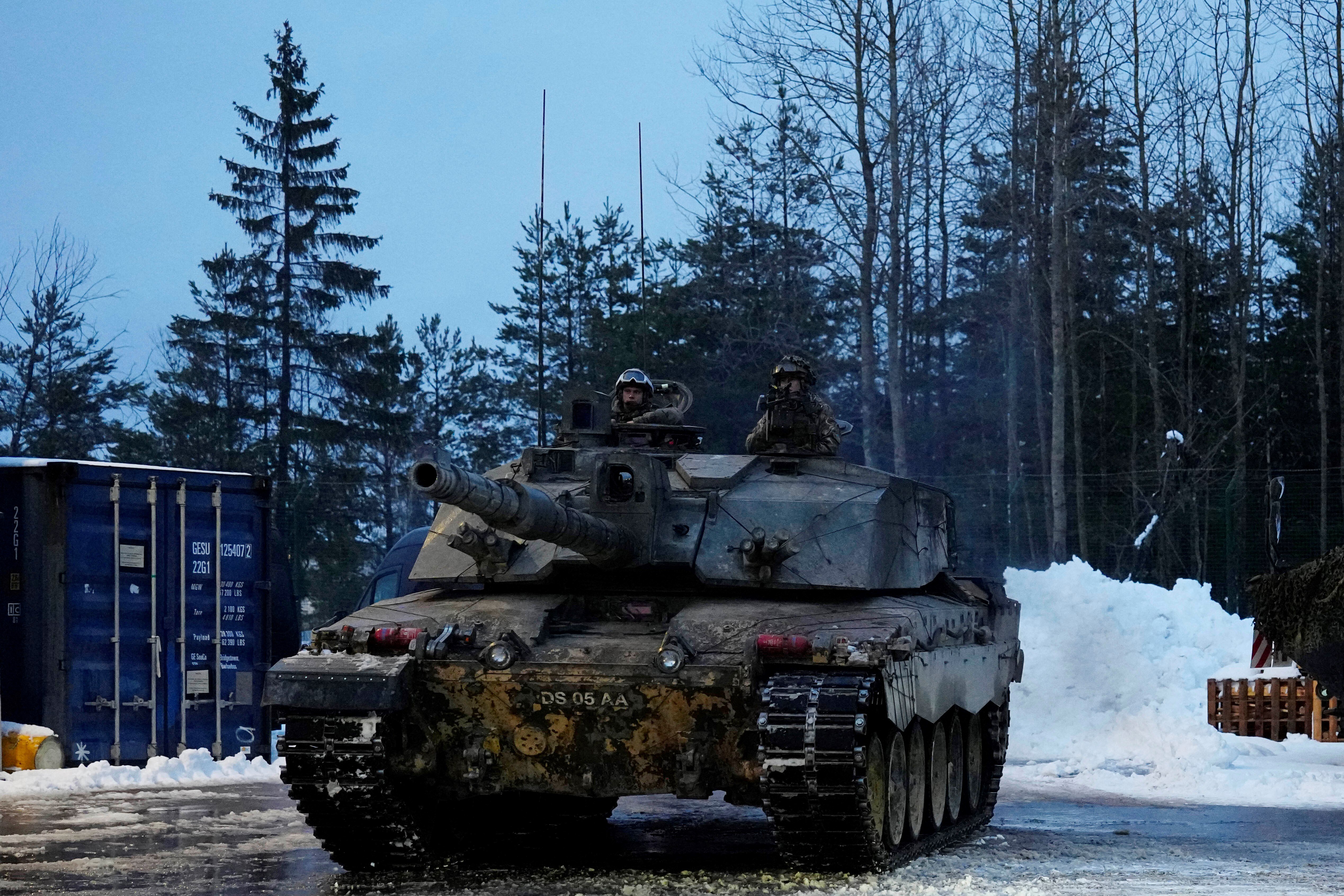 Britain's Challenger 2 tank moves at the Tapa Military Camp, in Estonia, Thursday, Jan. 19, 2023 (AP Photo/Pavel Golovkin)