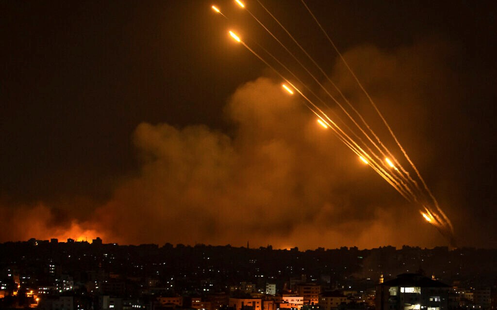 Rockets are fired toward Israel from the Gaza Strip, October 8, 2023. (AP)
