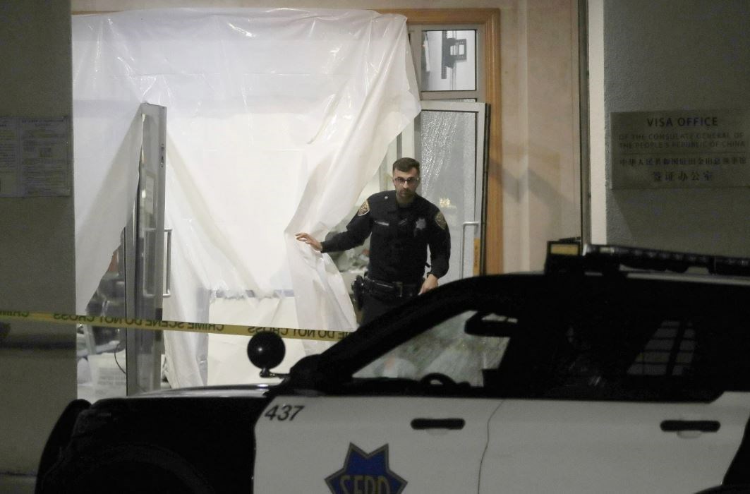 San Francisco police investigate at the Chinese consulate in San Franciso on Monday, Oct.9, 2023. (AP)