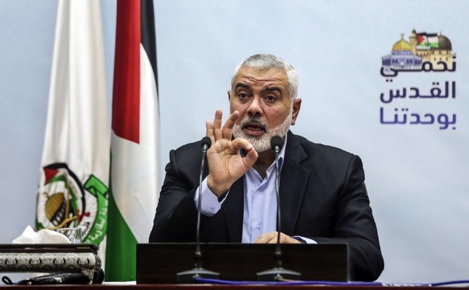 Hamas Chief Ismail Haniyeh speaks to the press (AFP)