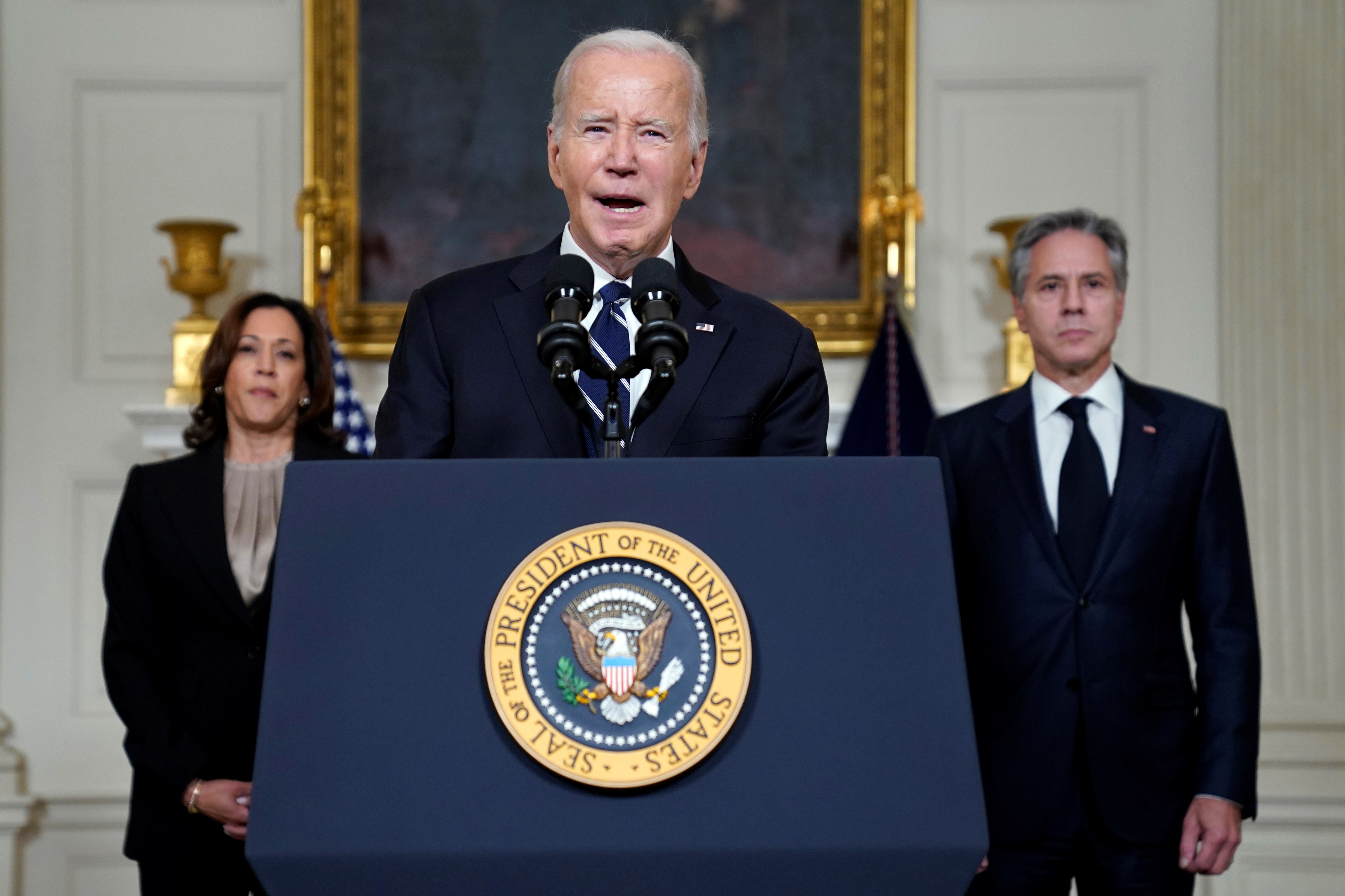 President Joe Biden speaks, October 10, 2023, in the State Dining Room of the White House in Washington (AP)