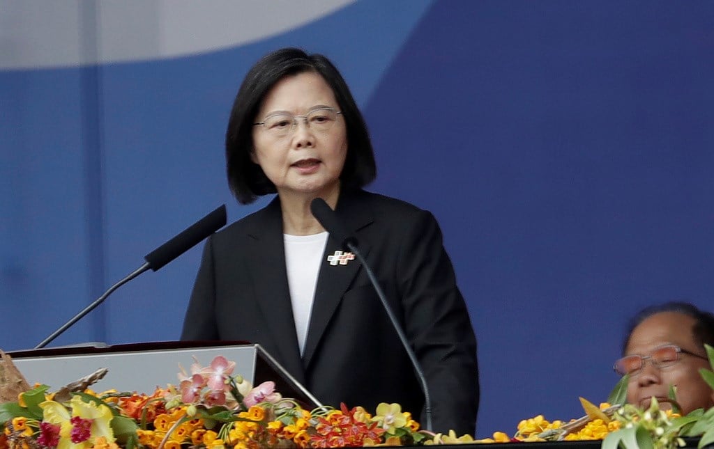 Taiwanese President Tsai Ing-wen delivers a speech during National Day celebrations in front of the Presidential Building in Taipei, Taiwan, Tuesday, Oct. 10, 2023. (AP)