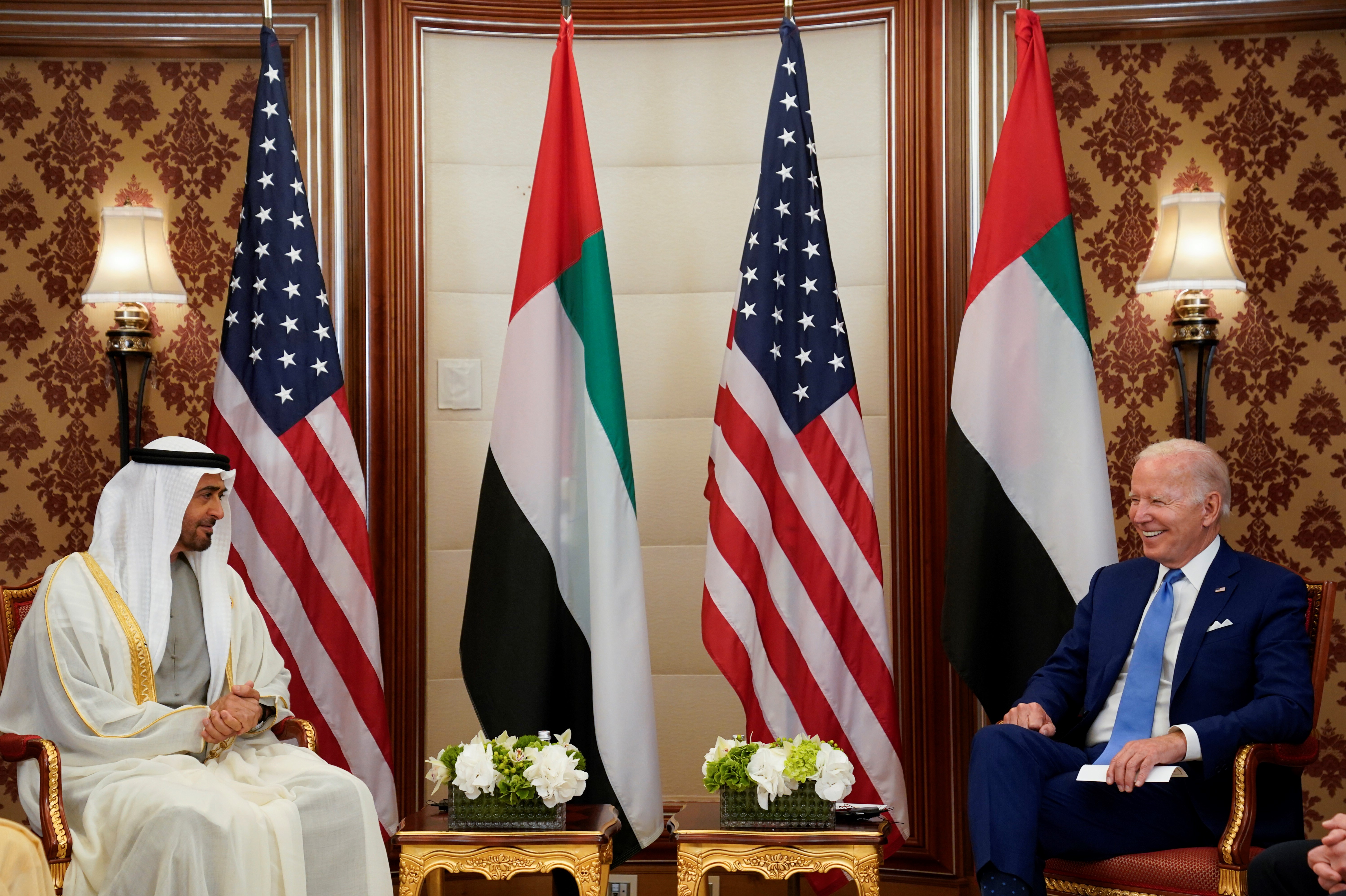 In an undated photo, US President Biden meets with Abu Dhabi's Crown Prince Mohammed bin Zayed Al Nahyan on Saturday in Jeddah, Saudi Arabia (AP)