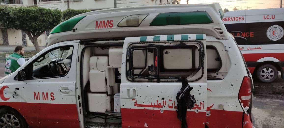 An ambulance in Gaza that was transferring injured Palestinians to hospital was targeted by an Israeli airstrike (Twitter)