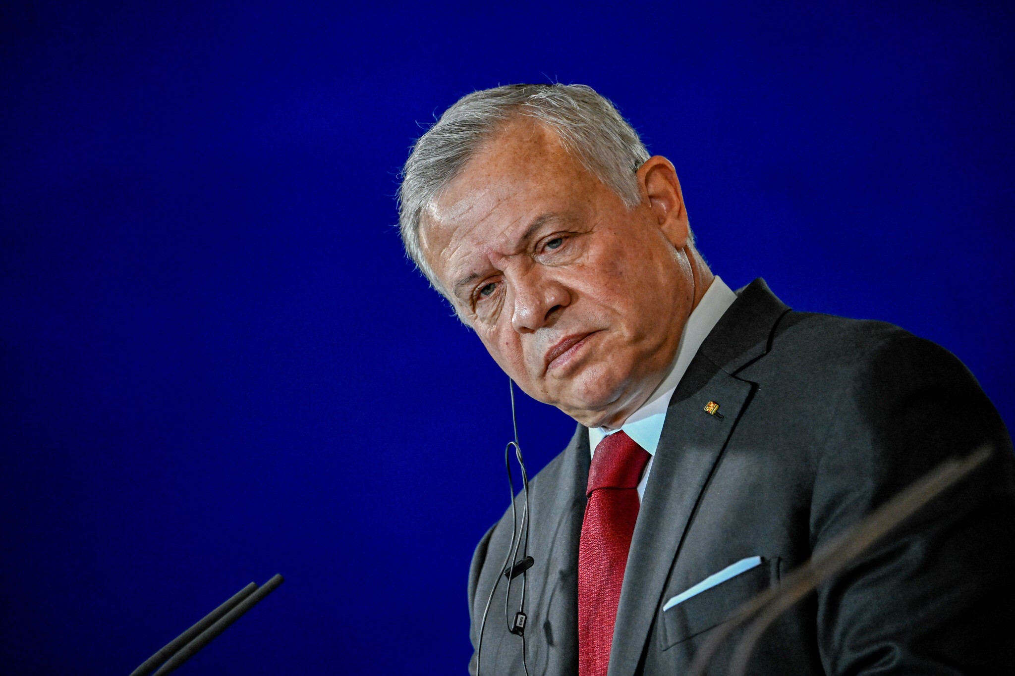 Jordan's King Abdullah II addresses a joint press conference with German Chancellor Olaf Scholz (not in image) after a meeting at the Chancellery in Berlin, Germany, on October 17, 2023 (AFP)