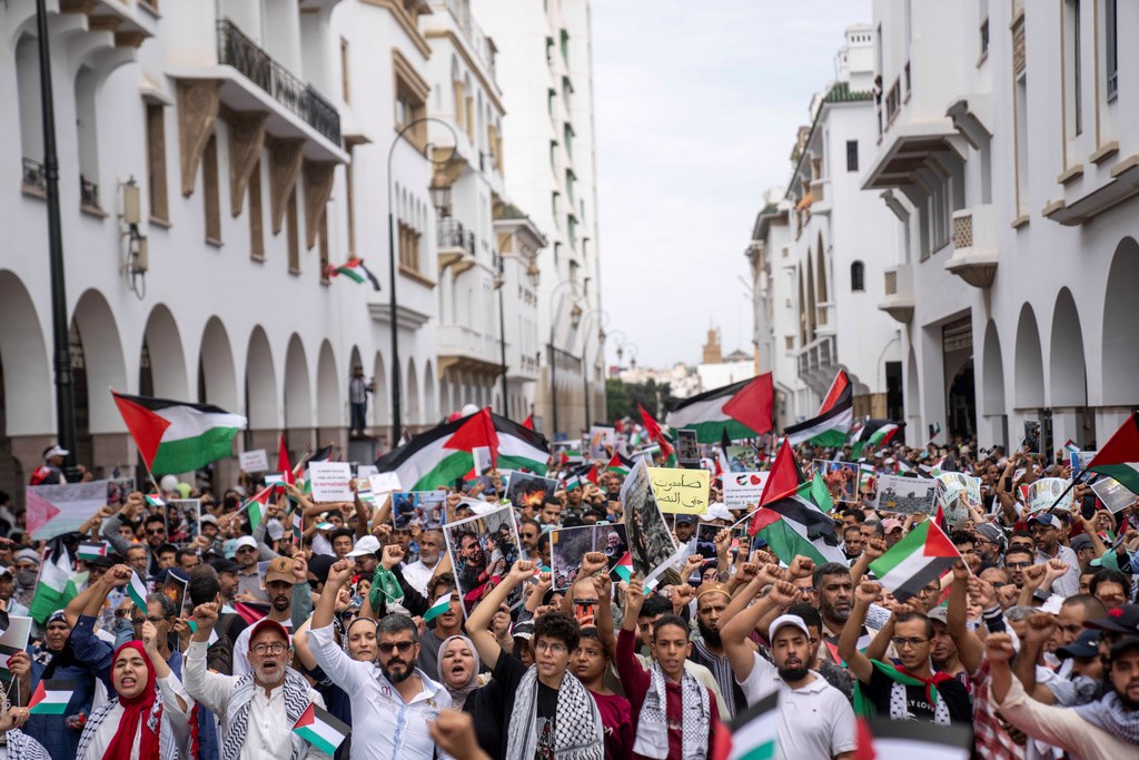 Thousands of Moroccans take part in a protest in solidarity with Palestine and Gaza, in Rabat, Morocco, Sunday, Oct. 15, 2023 (AP Photo/Mosa'ab Elshamy)