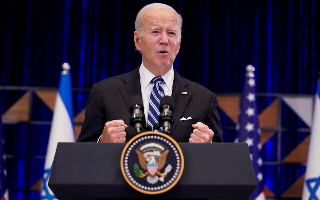US President Joe Biden delivers remarks after meeting Israeli occupation’s Prime Minister Benjamin Netanyahu, October 18, 2023, in ‘Tel Aviv’. (AP)