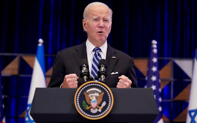  US President Joe Biden delivers remarks after meeting Israeli occupation’s Prime Minister Benjamin Netanyahu, October 18, 2023, in ‘Tel Aviv’. (AP)