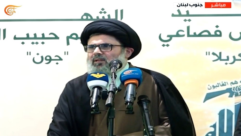 A screen grab of Hezbollah Executive Council Chief Sayyed Hashem Safieddine speaking at a memorial event in the town of Kounin, southern Lebanon, on Oct. 21.