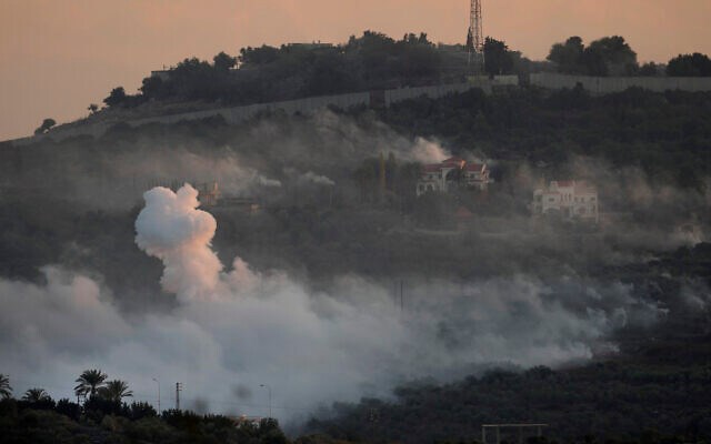 Smoke rises from Israeli shelling in Dahaira, a Lebanese border village with occupied Palestine, October 16, 2023. (AP)