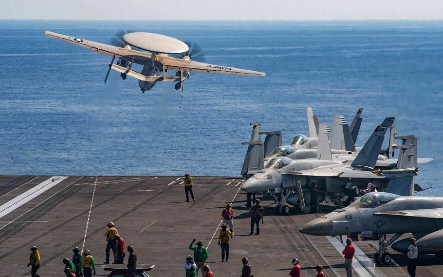 An E-2D Hawkeye launches from the flight deck of the aircraft carrier USS Gerald R. Ford in the eastern Mediterranean Sea on Oct. 12, 2023. (U.S. Navy)