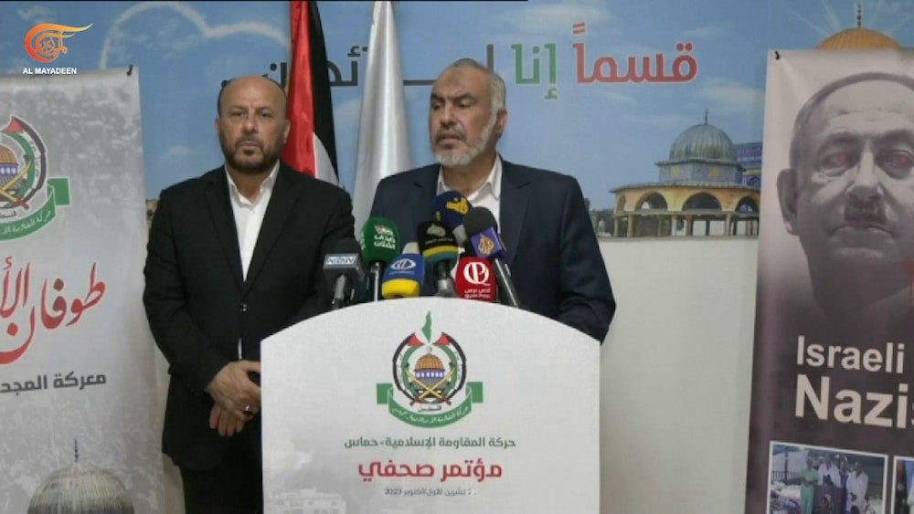 A screen grab of Ghazi Hamad, a member of Hamas' decision-making political bureau, and Hamas' representative in Lebanon, Ahmad Abdel Hadi, speaking at a press conference in Lebanon on Oct.28, 2023.