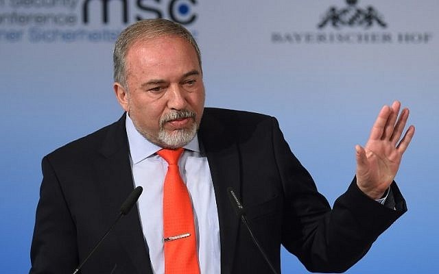 Former Security Minister Avigdor Lieberman delivers a speech in Munich, Germany, on February 19, 2017. (AFP)