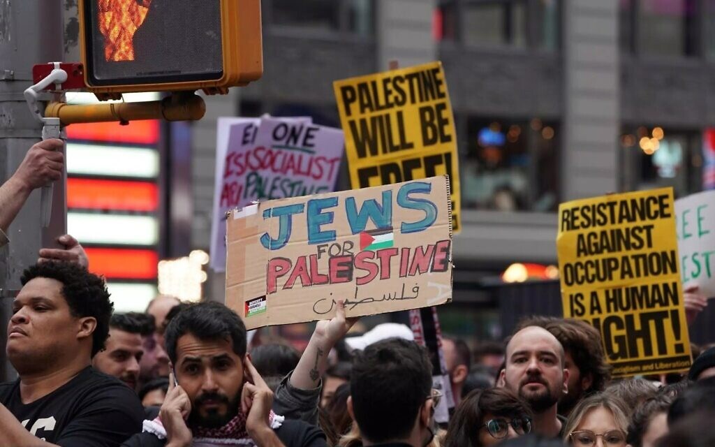 Demonstrators last week gathered in Manhattan's Times Square to voice support for the Palestinian people and urge against continued US military aid to 