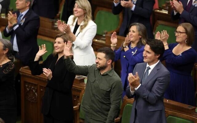 Ukrainian President Volodymyr Zelensky and Prime Minister Justin Trudeau join a standing ovation for Yaroslav Hunka, who was in attendance in the House of Commons in Ottawa, Ontario, on September 22, 2023. (AP)