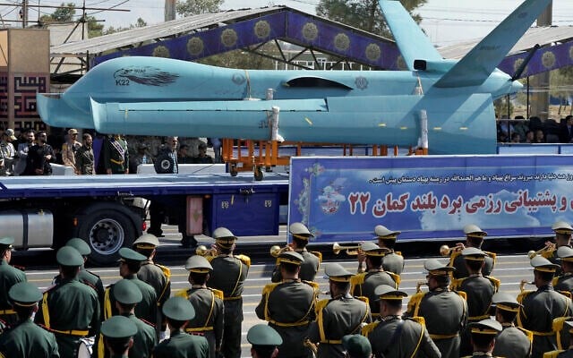 An Iranian Kaman-22 drone is carried on a truck during an annual military parade Iran, September 22, 2023. (AP)