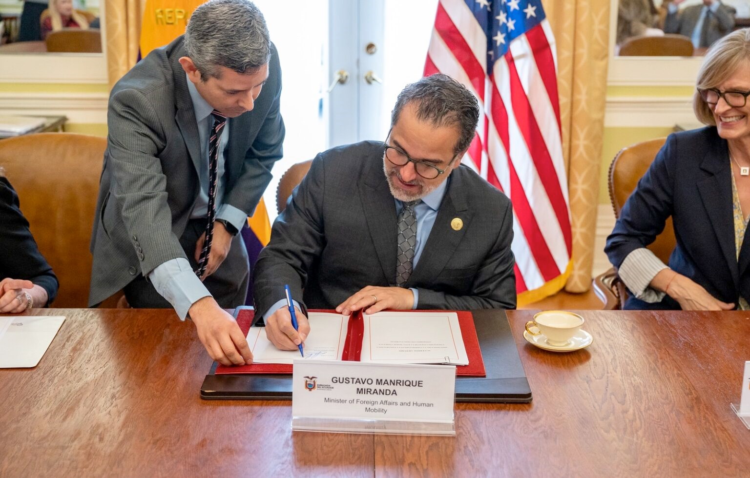 Gustavo Manrique Miranda, Ecuador’s foreign affairs minister, signs the Artemis Accords on June 21, 2023. (NASA)