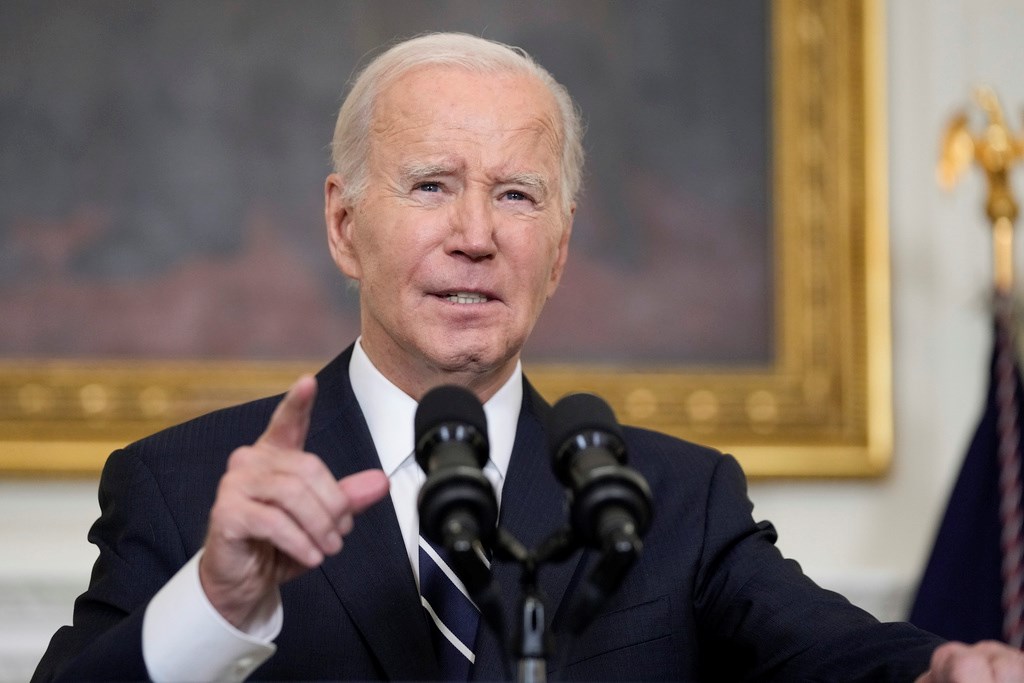 President Joe Biden speaks in the State Dining Room of the White House, Saturday, Oct. 7, 2023, in Washington (AP Photo/Manuel Balce Ceneta)