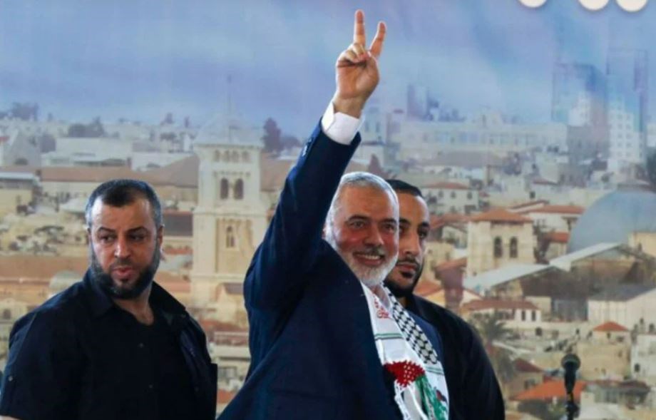 Ismail Haniyeh, the Head of Hamas's Political Bureau, during a visit to Lebanon in April 2023 (AFP)