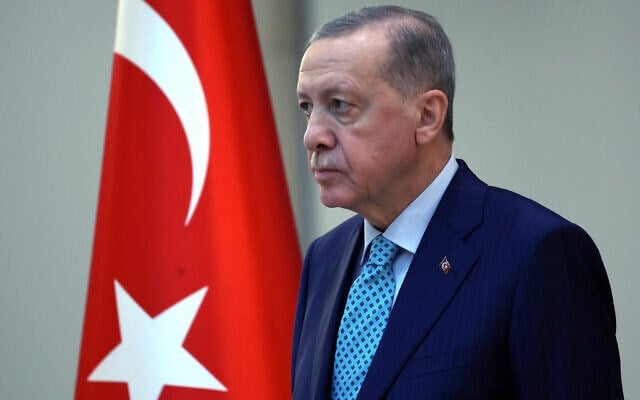 Turkish President Recep Tayyip Erdogan attends the presentation ceremony of letters of confidence to newly appointed Ambassadors at the Presidential Complex in Ankara, Turkey on September 27, 2023. (AFP)