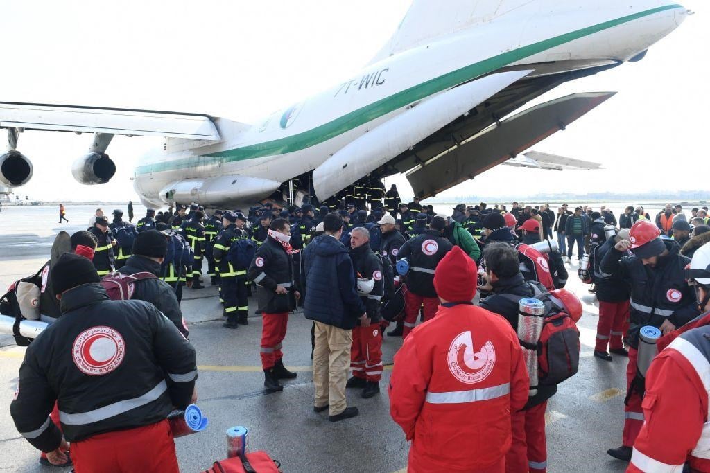 Algerian rescue teams arrive at Aleppo International Airport in Syria on February 7, 2023 (AFP).