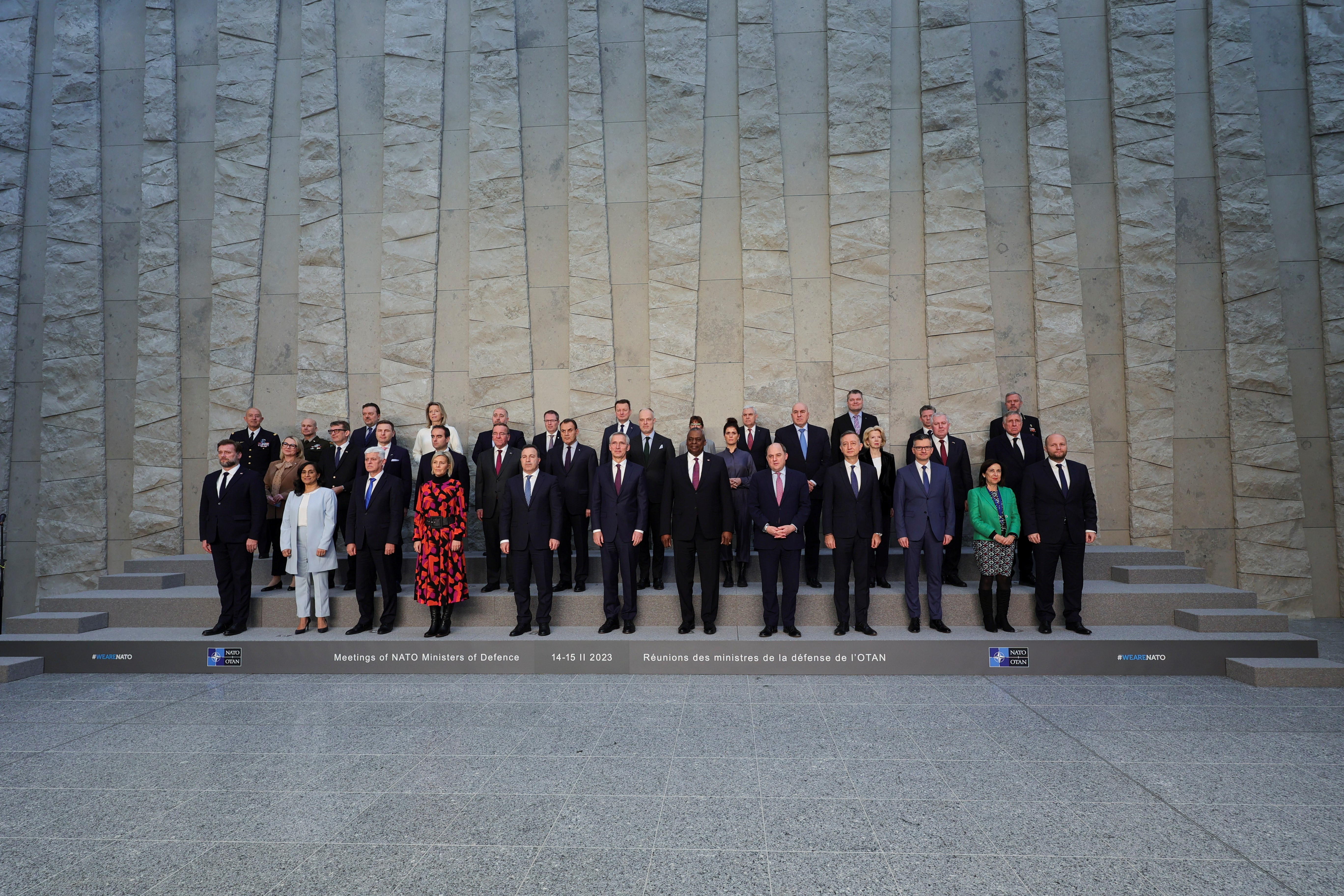 NATO Defense ministers pose for a group photo at the alliance headquarters in Brussels, Wednesday, Feb. 15, 2023 (AP Photo/Olivier Matthys)