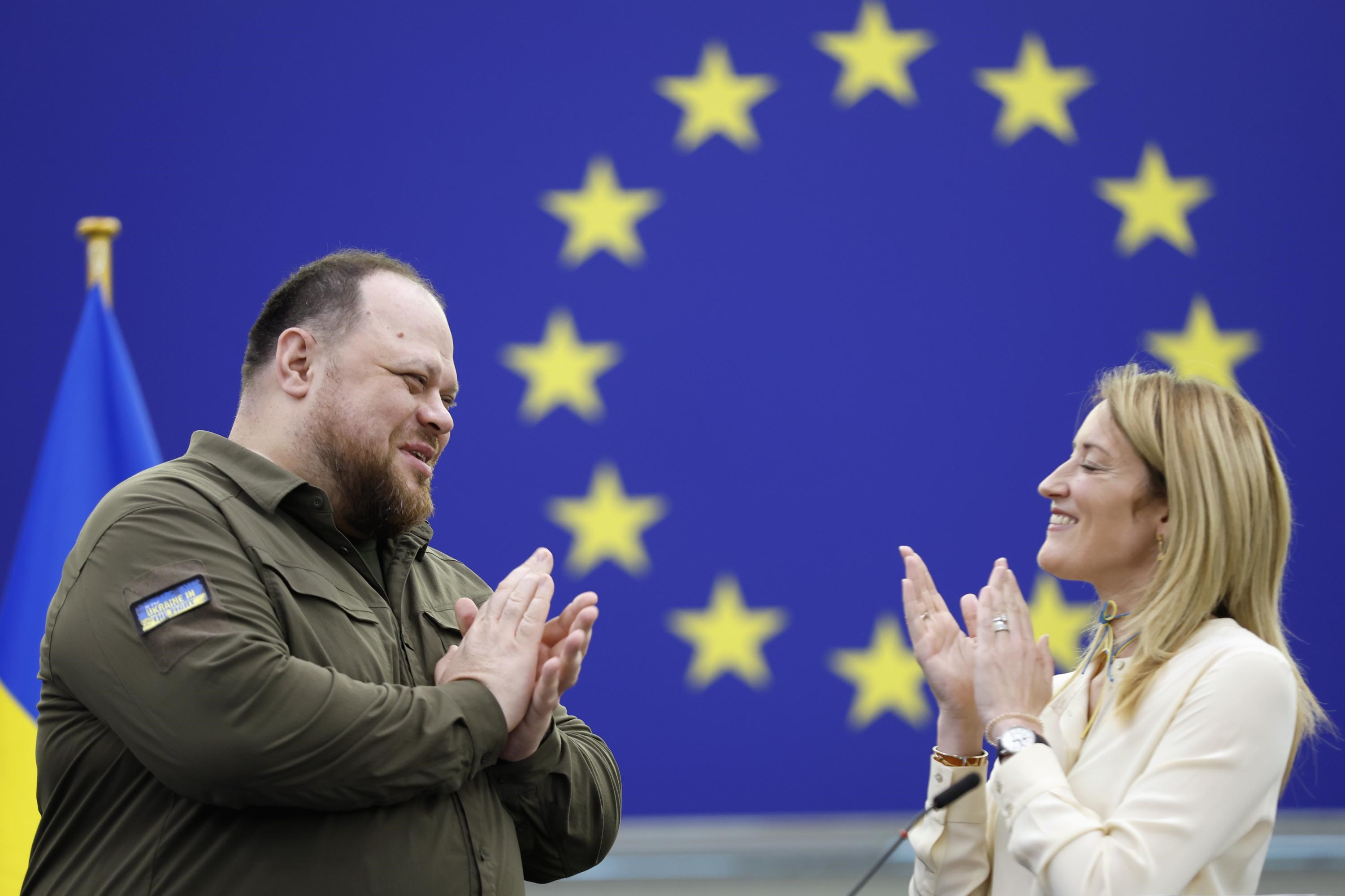 Ruslan Stefanchuk with European Parliament President Roberta Metsola at the European Parliament in France in June 2022 (AP)