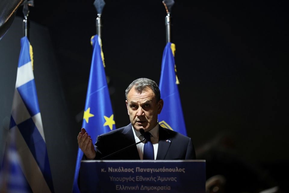 Greek Defense Minister Nikos Panagiotopoulos speaks in Athens, Greece, March 24, 2022 (Reuters)