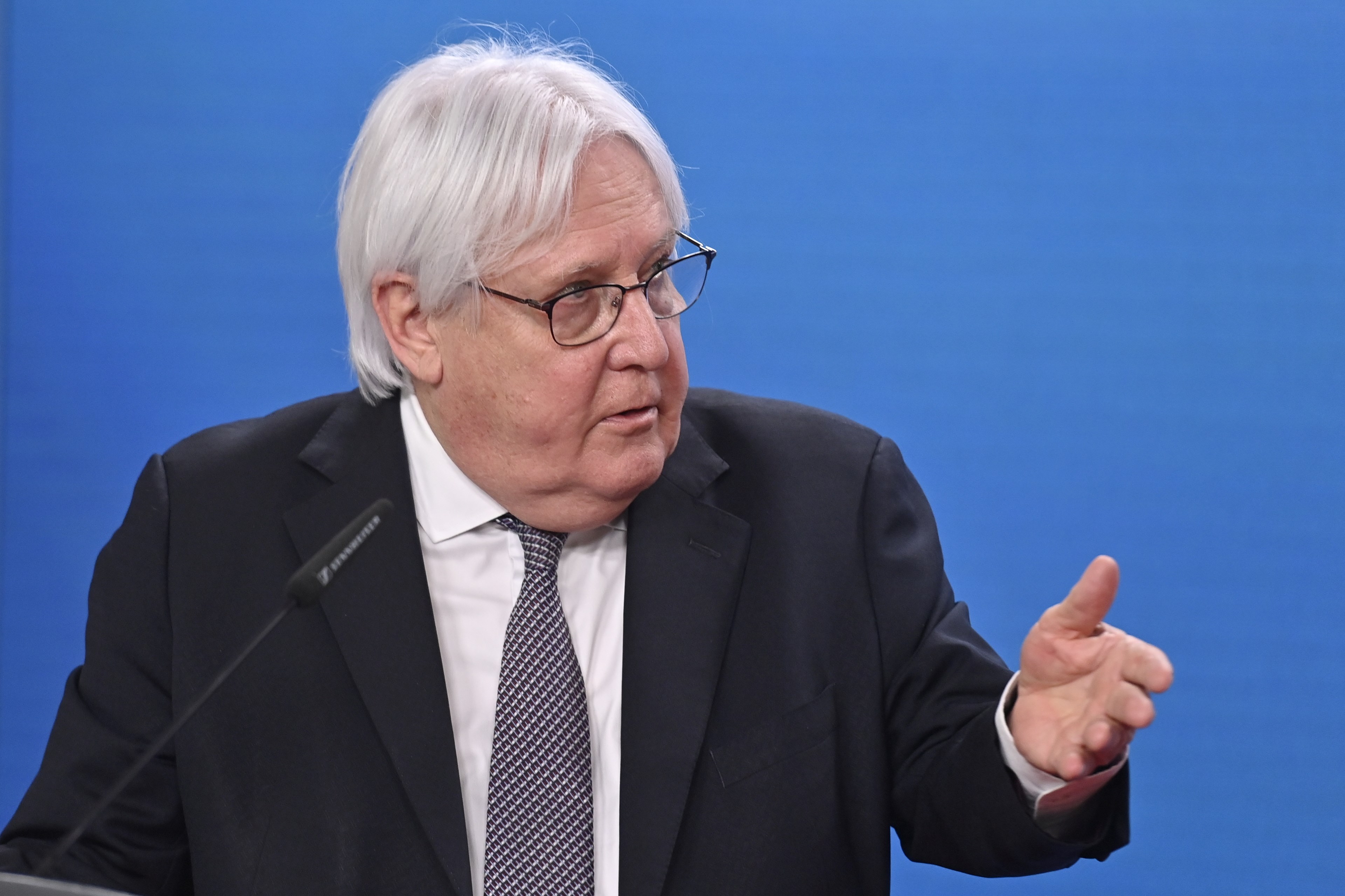 United Nations Special Envoy to Yemen Martin Griffiths speaks during a news conference following talks at the Foreign Ministry in Berlin, Germany April 12, 2021. (Reuters)