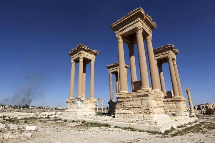 A view shows the Tetrapylon, one of the most famous monuments in the ancient city of Palmyra, in Homs Governorate, Syria, April 1, 2016. (Reuters)