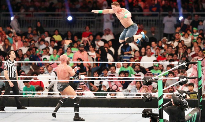 John Cena, right, in action against Triple H at the show in Jeddah on April 27, 2018. (AFP)