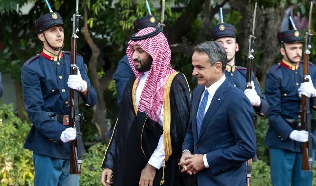 MBS and Greek PM Kyriakis Mitsotakis in July 2022 (AP)