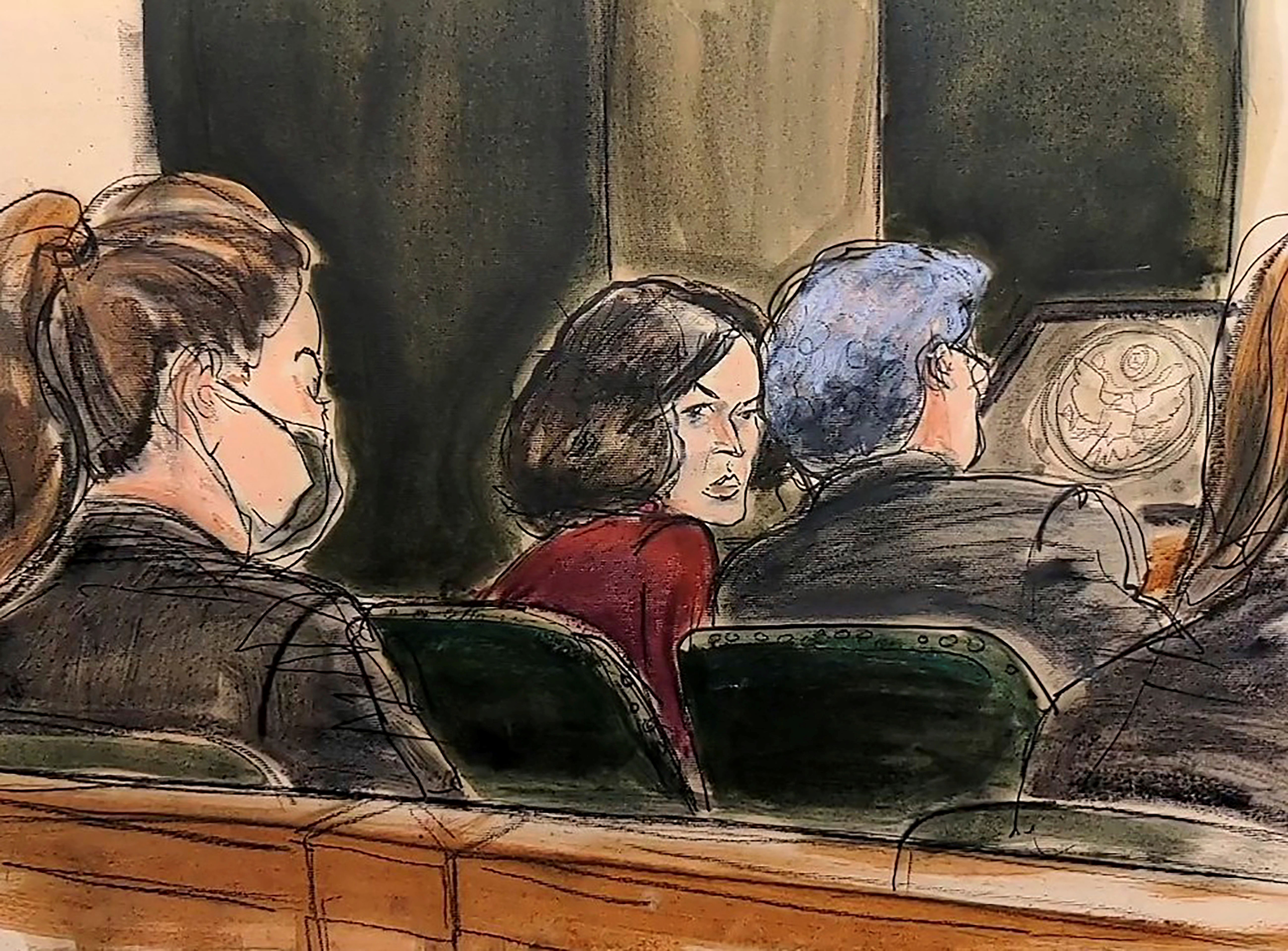 In this courtroom sketch, Ghislaine Maxwell center, confers with her defense attorney Jeffrey Pagliuca, right, before testimony begins in her sex-abuse trial, in New York, Wednesday, Dec. 8, 2021 (AP).