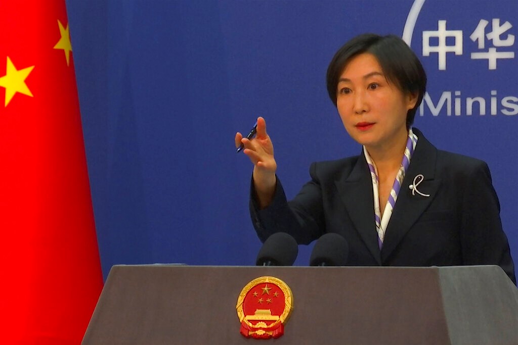 Chinese Foreign Ministry spokesperson Mao Ning gestures during a press conference at the Ministry of Foreign Affairs in Beijing, Wednesday, March 1, 2023 (AP Photo/Liu Zheng)